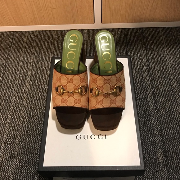 Authentic Gucci Brown GG Mid-heel Suede Mules Platforms - Picture 2 of 10